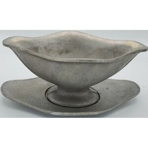 Vintage Cast Hammered Aluminum Gravy Boat Guardian Service 2 Pc Underplate‎ Gray